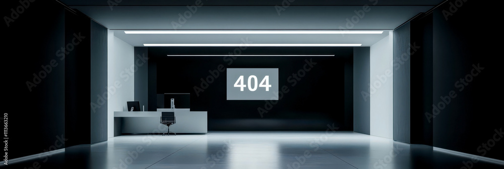 Futuristic office space with 404 error display for webmaster day. Horizontal banner. Copy space. World 404 Day Futuristic office space with 404 error display for webmaster day. Horizontal banner. Copy space. World 404 Day