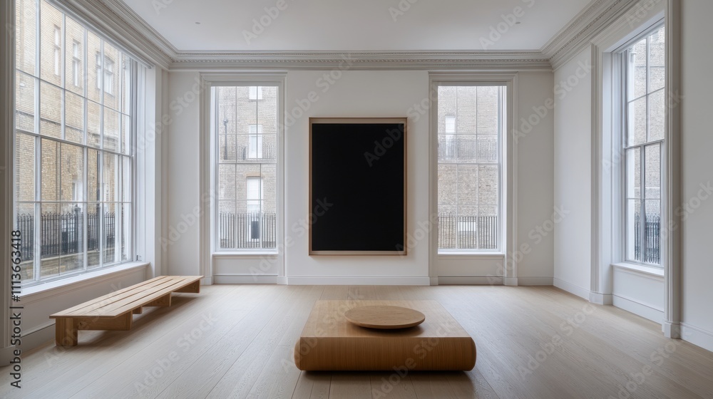 Obraz premium Minimalist Gallery Interior Featuring Artwork And Seating