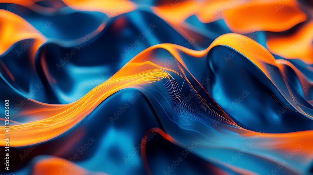 Obraz premium Abstract 3D Render: Fluid Blue and Orange Liquid Metal Waves. AI Generated