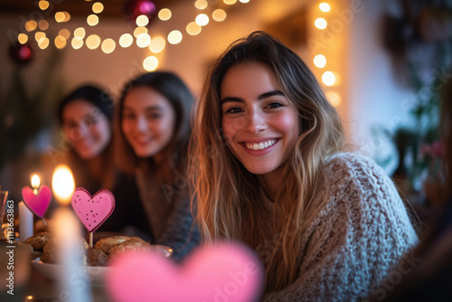 Friends gather for a joyful Galentines Day celebration filled with smiles photo