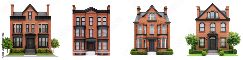 Fototapeta premium Beautifully preserved row of ornate brick townhouses and row houses in a historic downtown district The Victorian era facades feature intricate architectural details and design elements