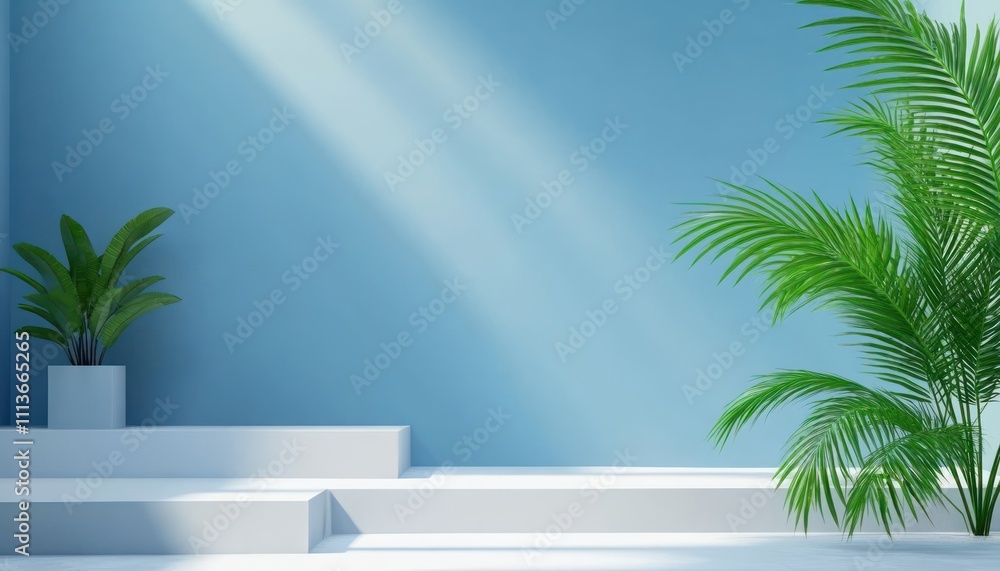 Minimalist Interior Scene with Geometric Platforms and Palm Leaves for Summer Product Display Minimalist Interior Scene with Geometric Platforms and Palm Leaves for Summer Product Display