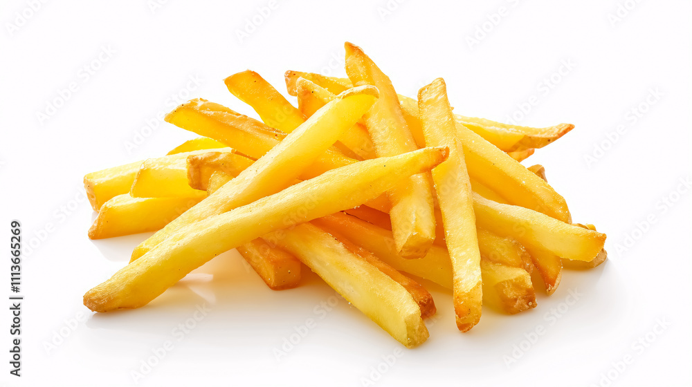 French Fries: Crispy French fries served on a white background. French Fries: Crispy French fries served on a white background.