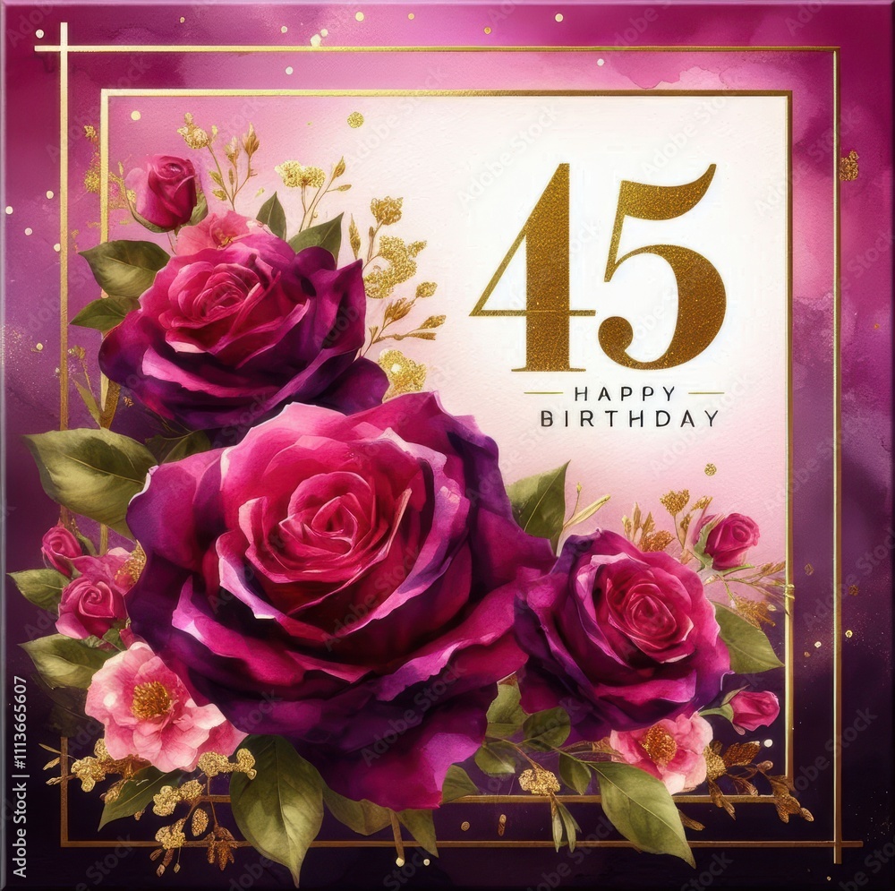 Fototapeta premium Colorful floral arrangement celebrating a 45th birthday with elegant gold accents.