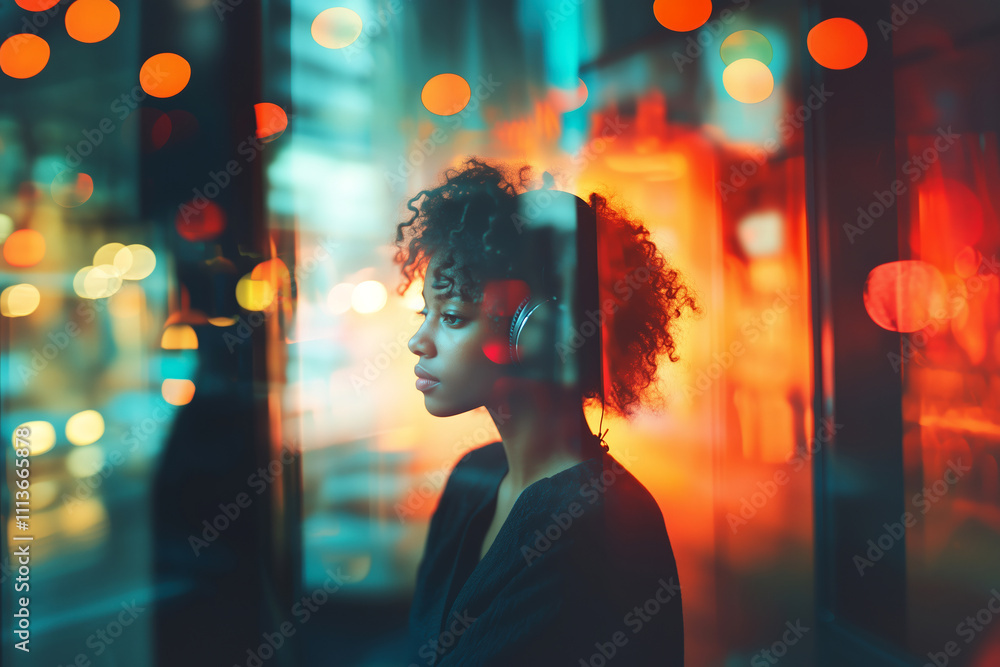 An african american woman wearing headphones in a cold day An african american woman wearing headphones in a cold day