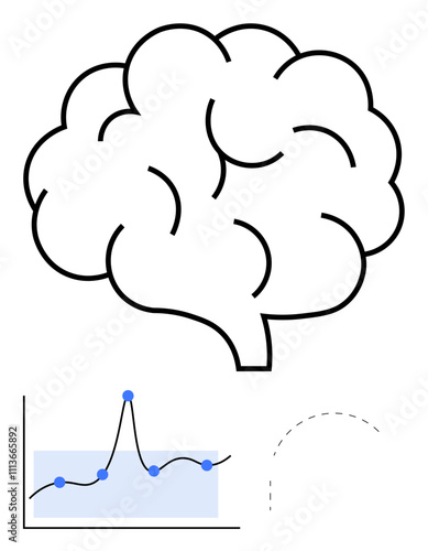 Black outlined brain with adjacent line graph showing data points and trends. Ideal for themes of creativity, data analysis, cerebral insights, innovation, research, growth, understanding. Line