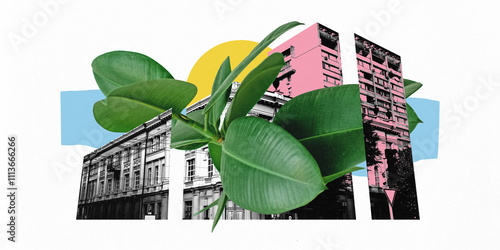 Fototapeta Naklejka Na Ścianę i Meble -  Contemporary art collage. Traditional city architecture with modern high-rise buildings and vibrant green leaves under yellow sun. Concept of expo, web design, fusion of nature and modern architecture