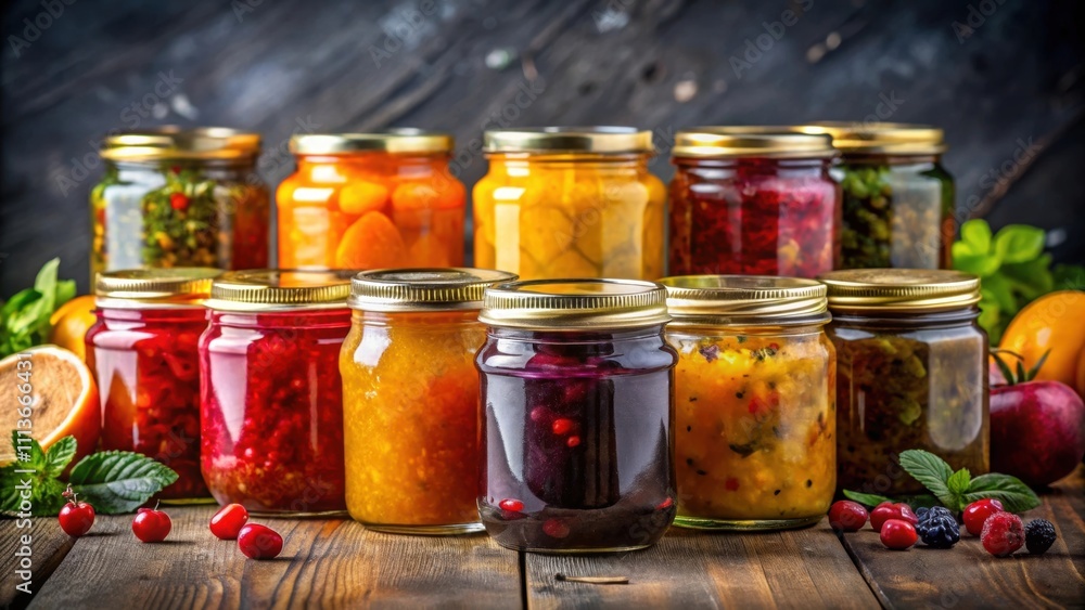 Glass jars with golden lids filled with colorful homemade preserves, creating a vibrant and appetizing display Glass jars with golden lids filled with colorful homemade preserves, creating a vibrant and appetizing display