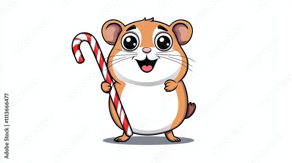 Fototapeta premium Cute Cartoon Hamster Holding Candy Cane in Winter