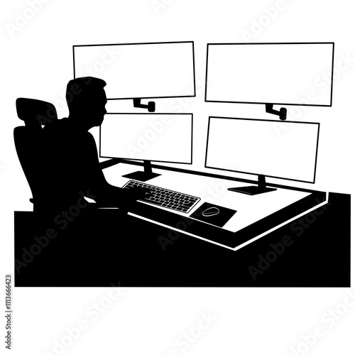 man working on computer with multiple screen monitor, data centre, cyber security 