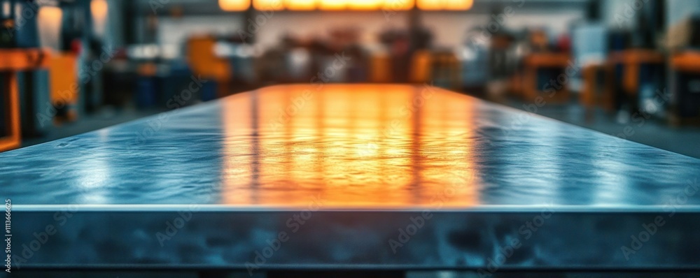 Metal Table Surface in Industrial Workshop with Natural Lighting and Blurred Background for Crafting and DIY Ideas Metal Table Surface in Industrial Workshop with Natural Lighting and Blurred Background for Crafting and DIY Ideas
