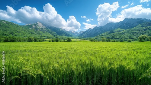 a green field with mountains and blue sky