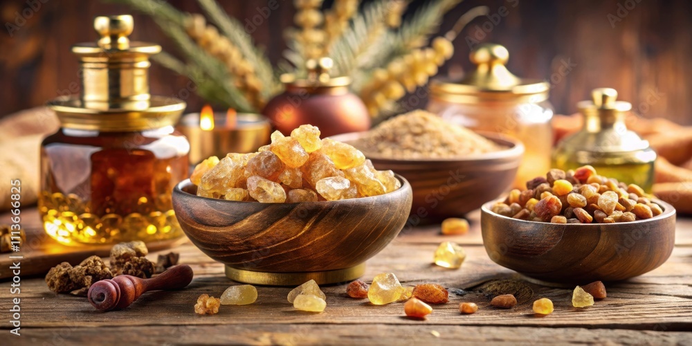 Fototapeta premium Close-up of gold, frankincense, and myrrh displayed on table, gold, frankincense, myrrh, close-up, luxury, wealth