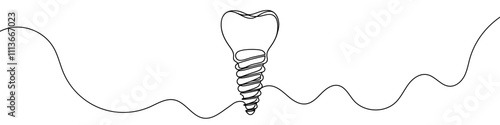 One continuous line illustration of dental implant, isolated on white background. Line art of dental implant