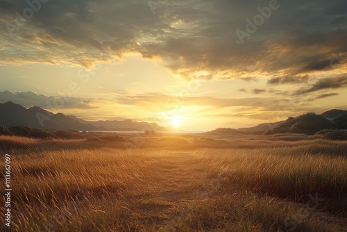 Sunset over grassy field with mountains in the background during late afternoon