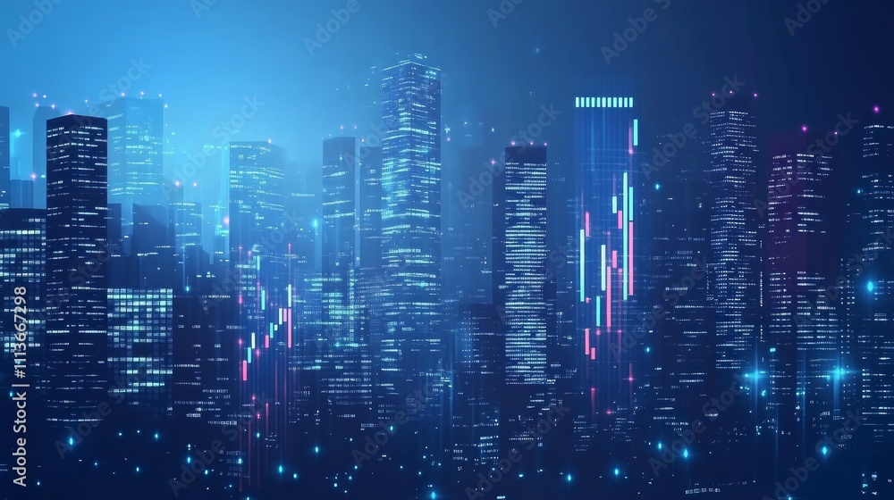 Fototapeta premium Futuristic cityscape at night with glowing skyscrapers and financial chart overlays.