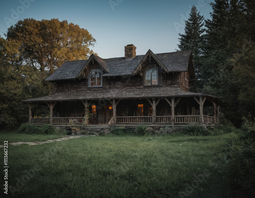 Una casa di campagna dallo stile antico, circondata da alberi e natura.