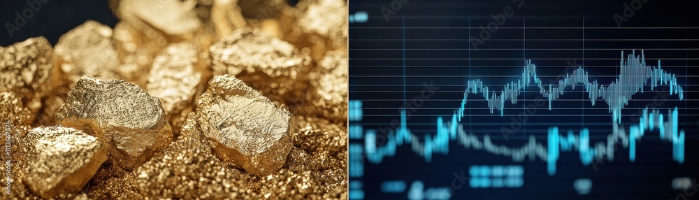 The image showcases gold nuggets alongside a stock market graph, representing the connection between precious metals and financial trading. The image showcases gold nuggets alongside a stock market graph, representing the connection between precious metals and financial trading.