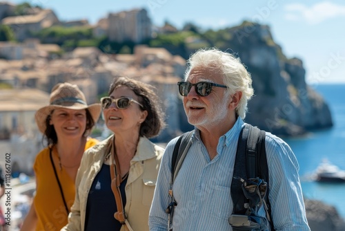 Happy senior couple sightseeing in a charming coastal town. Perfect for travel, tourism, and retirement themes.