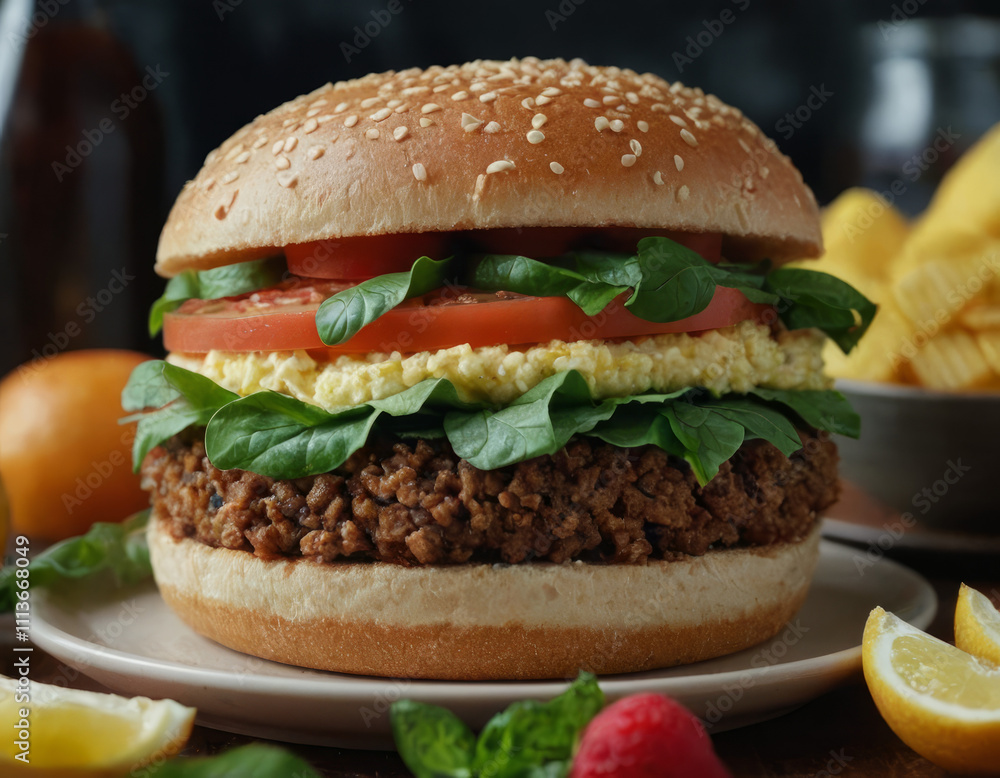 Panino vegano con burger e verdure, servito con un contorno di frutta e luci natalizie sullo sfondo. Panino vegano con burger e verdure, servito con un contorno di frutta e luci natalizie sullo sfondo.