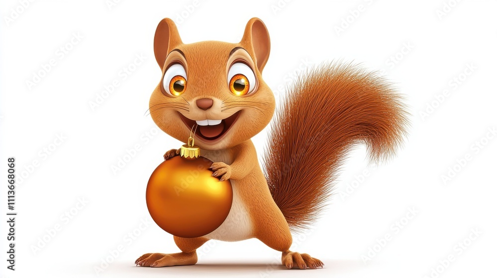 Fototapeta premium Cheerful Cartoon Squirrel Sitting and Holding a Golden Acorn Ball