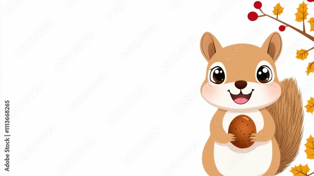 Obraz premium Cute Cartoon Squirrel Holding an Acorn in Autumn Forest Scene