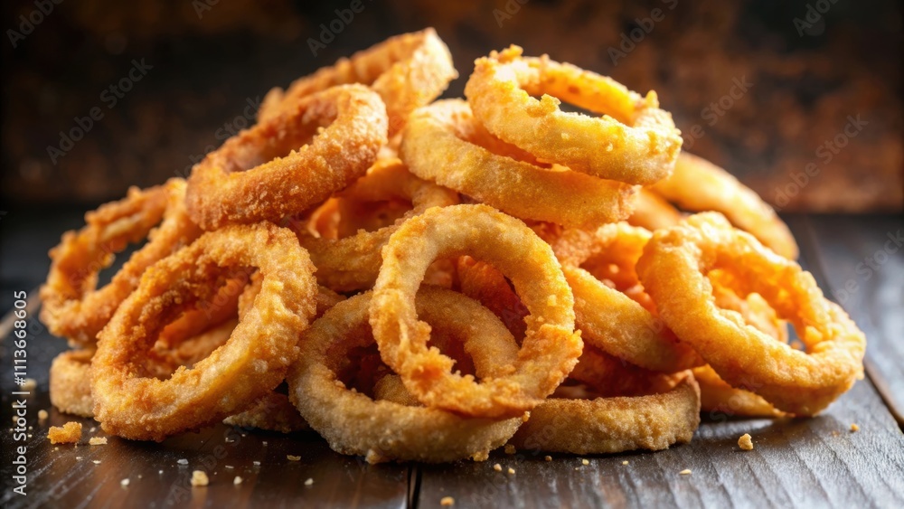 Close-up of a pile of crispy and golden fried onion rings , snack, appetizer, fried food, crunchy, delicious Close-up of a pile of crispy and golden fried onion rings , snack, appetizer, fried food, crunchy, delicious