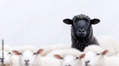 a lone black sheep standing out in a flock of white sheep