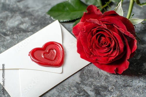 a white envelope sealed with a heart shaped wax seal next to a red rose on a table photo