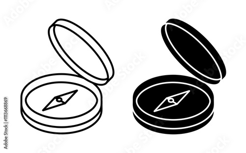 Linear icon, compass with arrow and scale. Travel, device for determining location and direction of tourist. Simple black and white vector isolated on white background