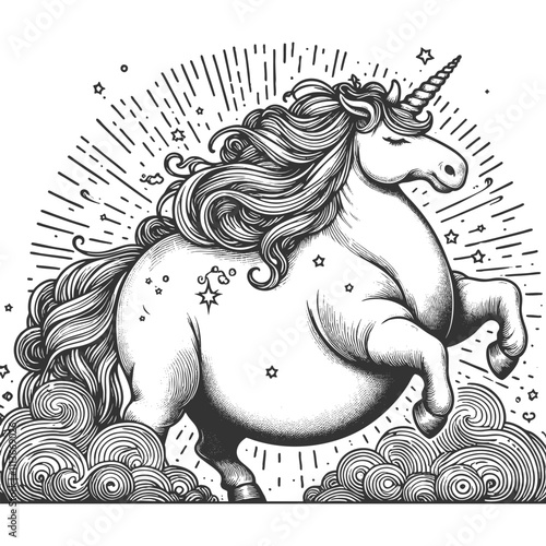 chubby unicorn fat overweight with a flowing mane and tail, blending whimsy and fantasy charm sketch engraving generative ai vector illustration. Scratch board imitation. Black and white image.