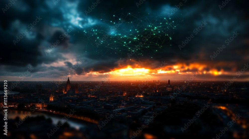 Futuristic London Skyline at Sunset with Network Connections Futuristic London Skyline at Sunset with Network Connections