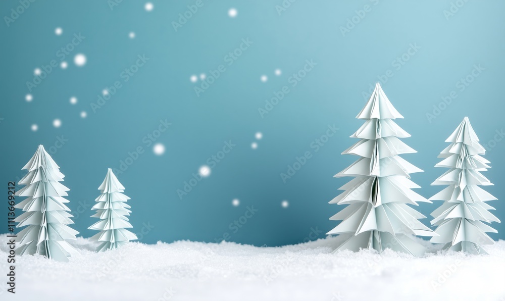 Paper Christmas trees in winter landscape, white snow, blue background, snowflakes falling, festive decoration, minimalistic design Paper Christmas trees in winter landscape, white snow, blue background, snowflakes falling, festive decoration, minimalistic design