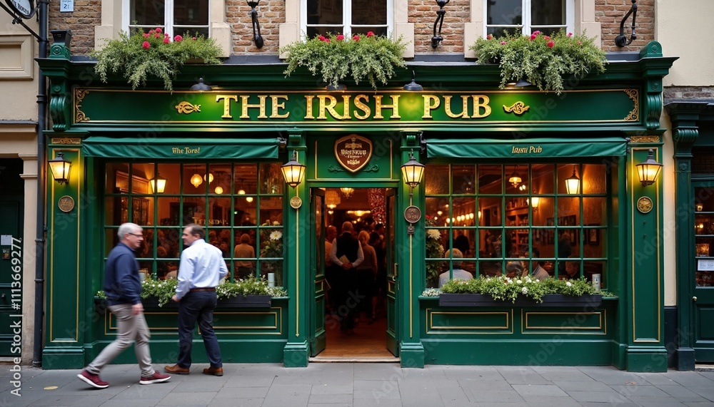 Fototapeta premium Vibrant Irish pub facade with patrons, traditional atmosphere