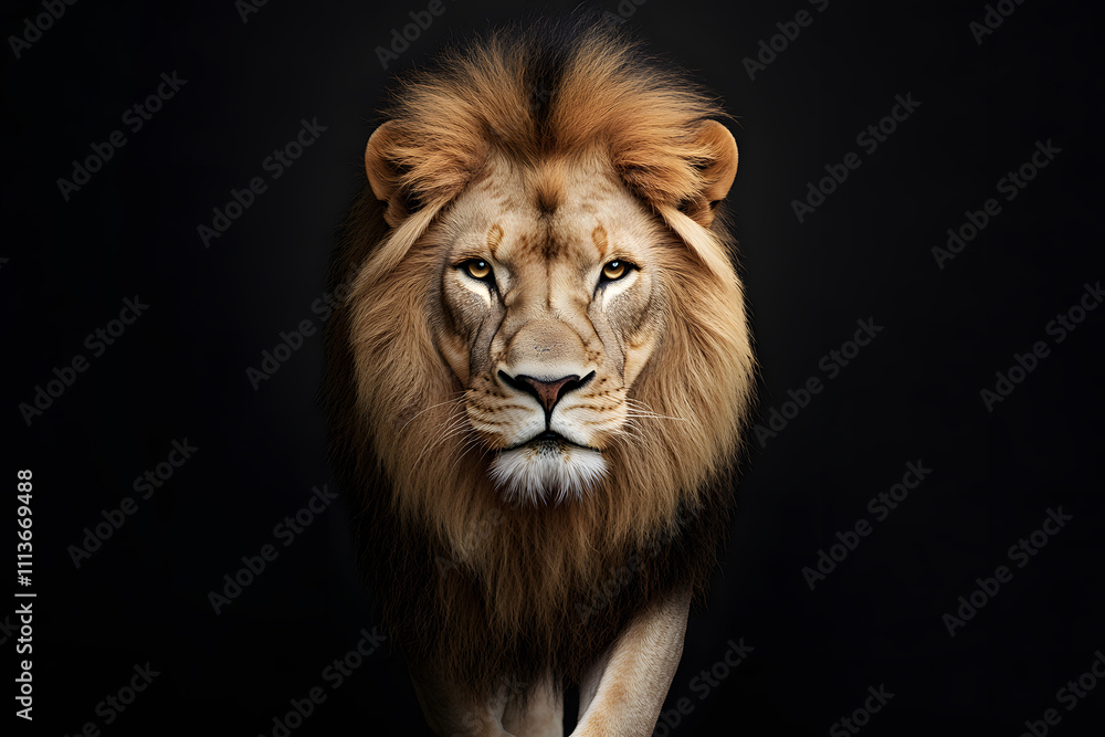 Lion walking through a dark, isolated on black background Lion walking through a dark, isolated on black background