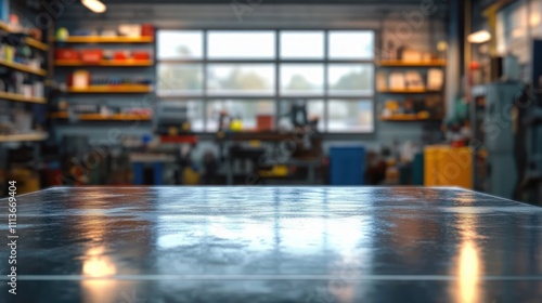 Hyper-realistic industrial workshop with polished metal desk surface and blurred shelves in background for crafting and hobby projects