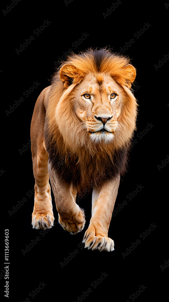 Obraz premium Lion walking through a dark, isolated on black background