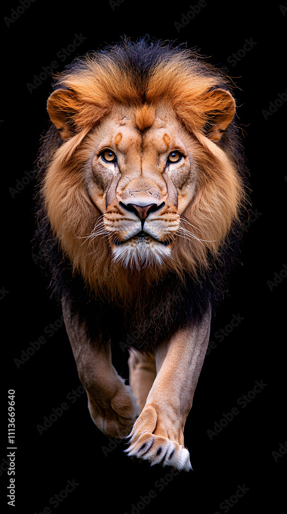 Lion walking through a dark, isolated on black background Lion walking through a dark, isolated on black background