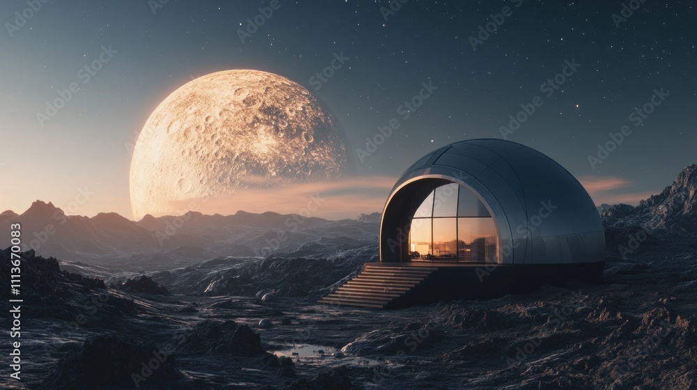 Obraz premium Futuristic Dome Home on Alien Planet Under Large Moon