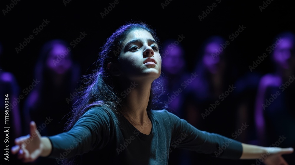 Fototapeta premium A young female dancer expresses emotion on stage with dramatic lighting in the background.