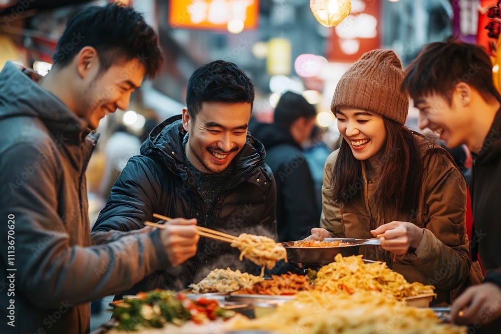Group of Friends Exploring a Bustling Street Market Tasting Delicious Foods and Enjoying the Group of Friends Exploring a Bustling Street Market Tasting Delicious Foods and Enjoying the