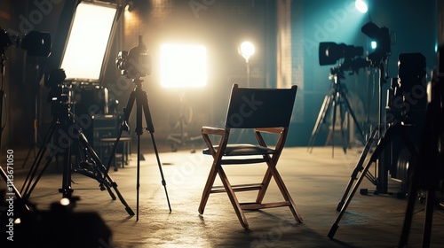 Empty director's chair in a film studio surrounded by lights and cameras.