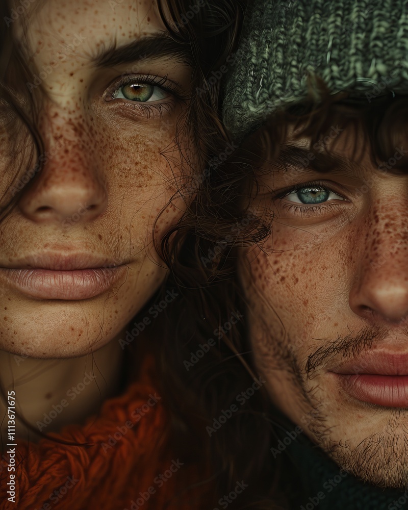 Close-up portrait of a young couple, with the woman on the left and the man on the right, both with freckles and looking directly at the camera. Close-up portrait of a young couple, with the woman on the left and the man on the right, both with freckles and looking directly at the camera.