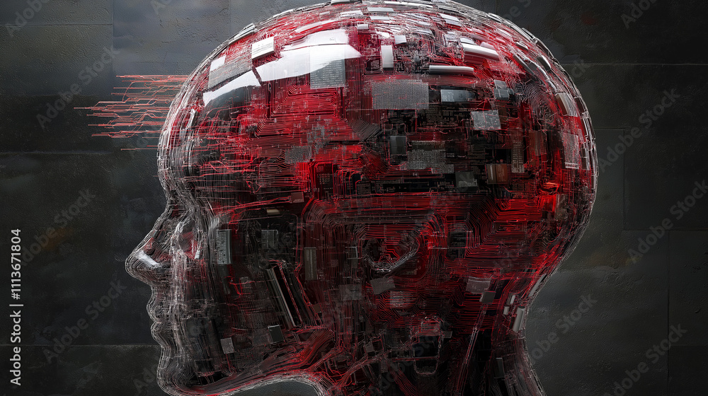 Naklejka premium Brain rot internet communication concept. A surreal image depicting a brain transforming into a melting mass, symbolizing corrupted data and digital distortion.