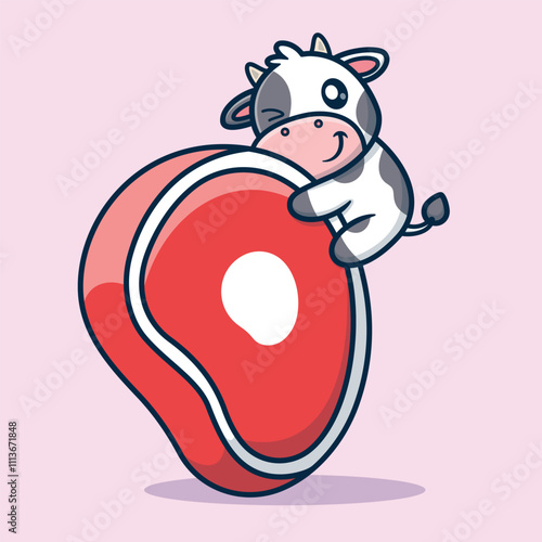 Cute Cartoon Cow Hug Steak Meat Vector Icon Illustration. Animal Food Icon Concept Isolated Premium Vector. Food Cartoon Style