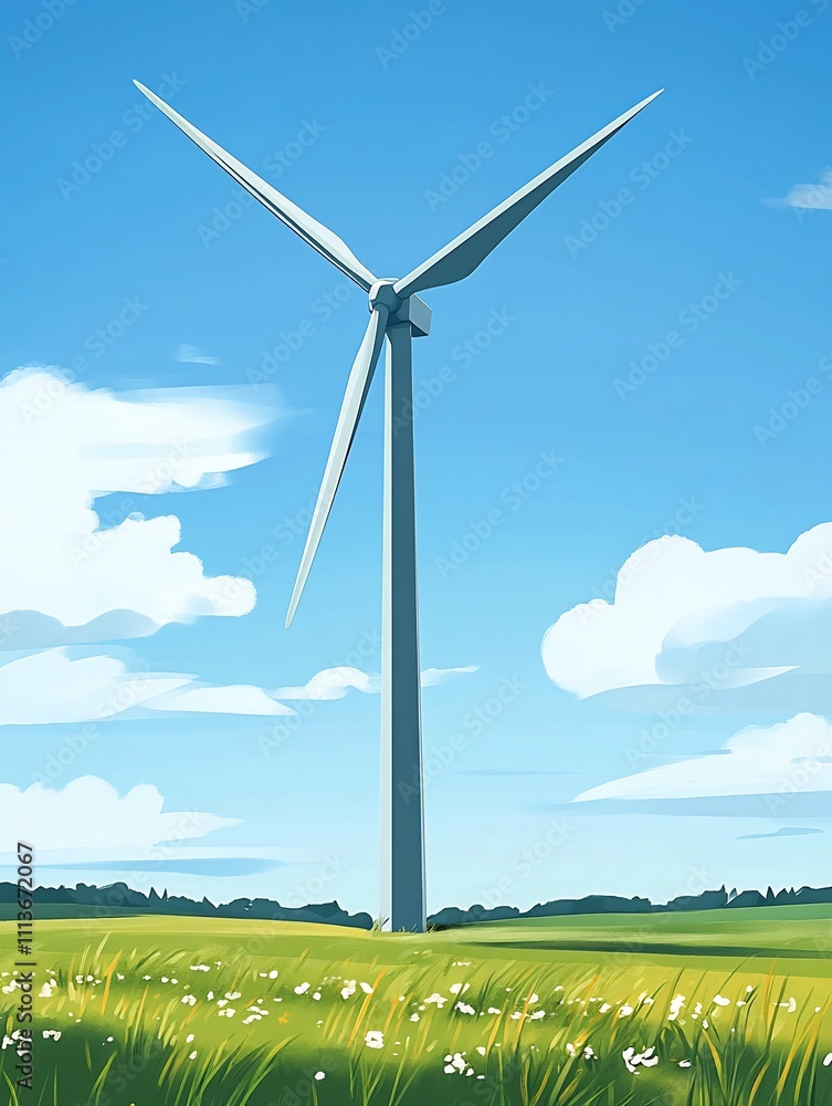 Fototapeta premium Lone Wind Turbine Amid Lush Grassland and Serene Sky Sustainable Power