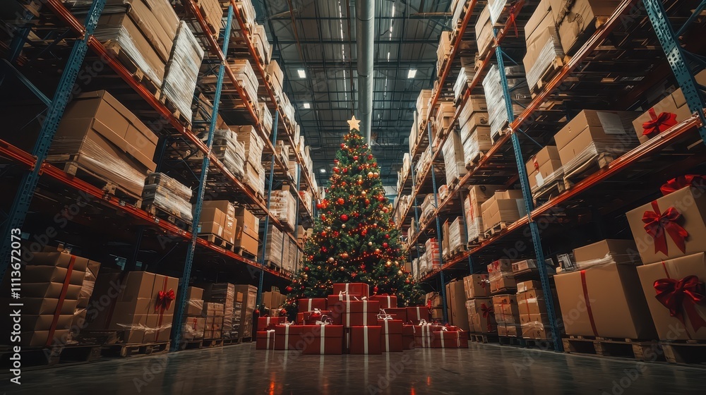 Naklejka premium Festive Warehouse with Christmas Tree, Decorated Shelves, and Gift Boxes Spreading Holiday Cheer