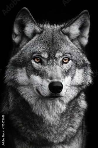 Majestic Wolf Portrait with Amber Eyes in Monochrome Chiaroscuro Lighting