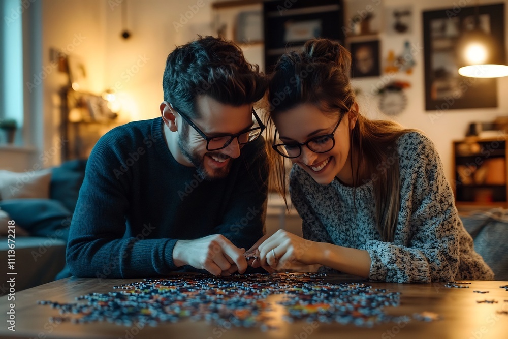Fototapeta premium Affectionate Couple Bonding Over Puzzle in Cozy Living Room