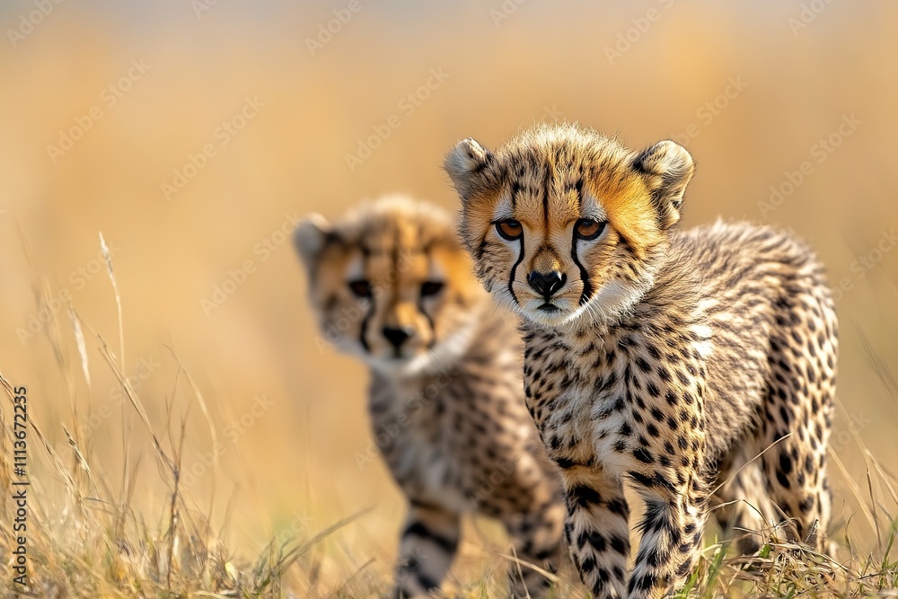 Two young cheetahs in golden grass looking alert Two young cheetahs in golden grass looking alert